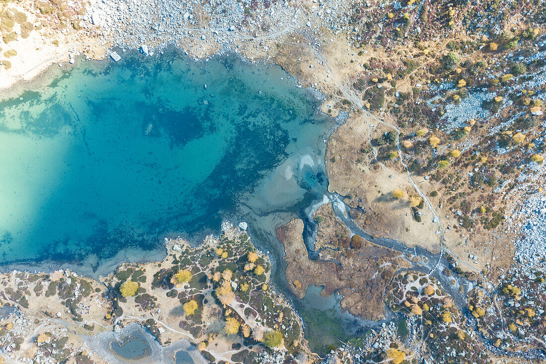 Aerial view of Arpy Lake in autumn, Morgex, Aosta Valley, Italy, Europe