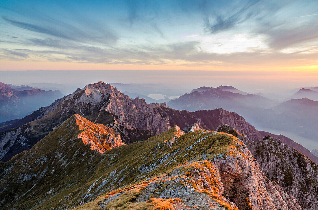 Grignetta at sunset seen from the top of Grigna, Lecco Province Lombardy Italy Europe