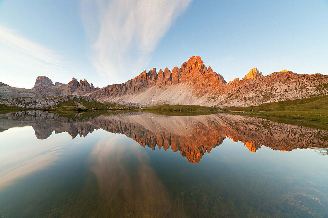 Dawn at Piani Lakes with Paterno Mount, Dolomites, Innichen, South Tyrol, Italy