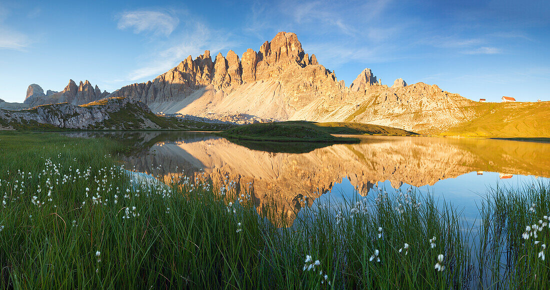 Sunrise at Piani Lakes with Paterno Mount, Dolomites, Innichen, South Tyrol, Italy