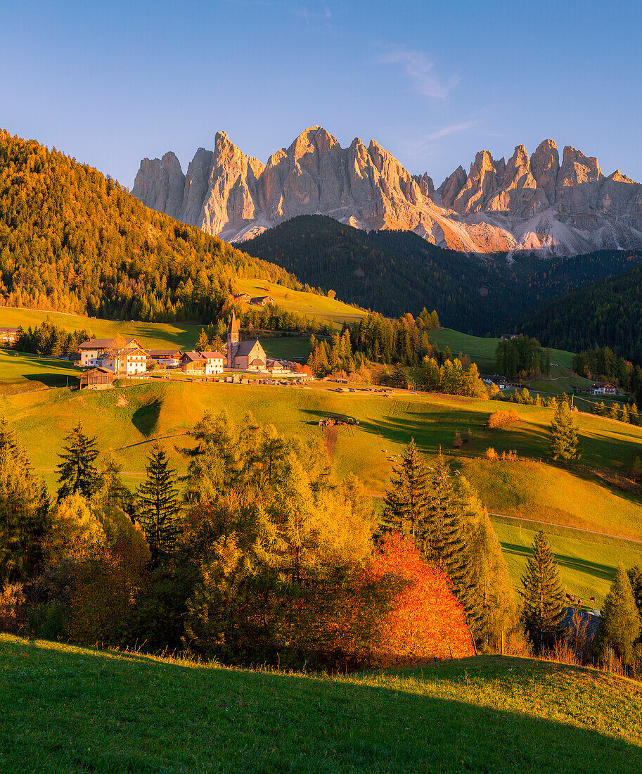 Autumn in the Italian Dolomites Alps, Funes Valley, Trentino Alto Adige, Italy, Santa Maddalena