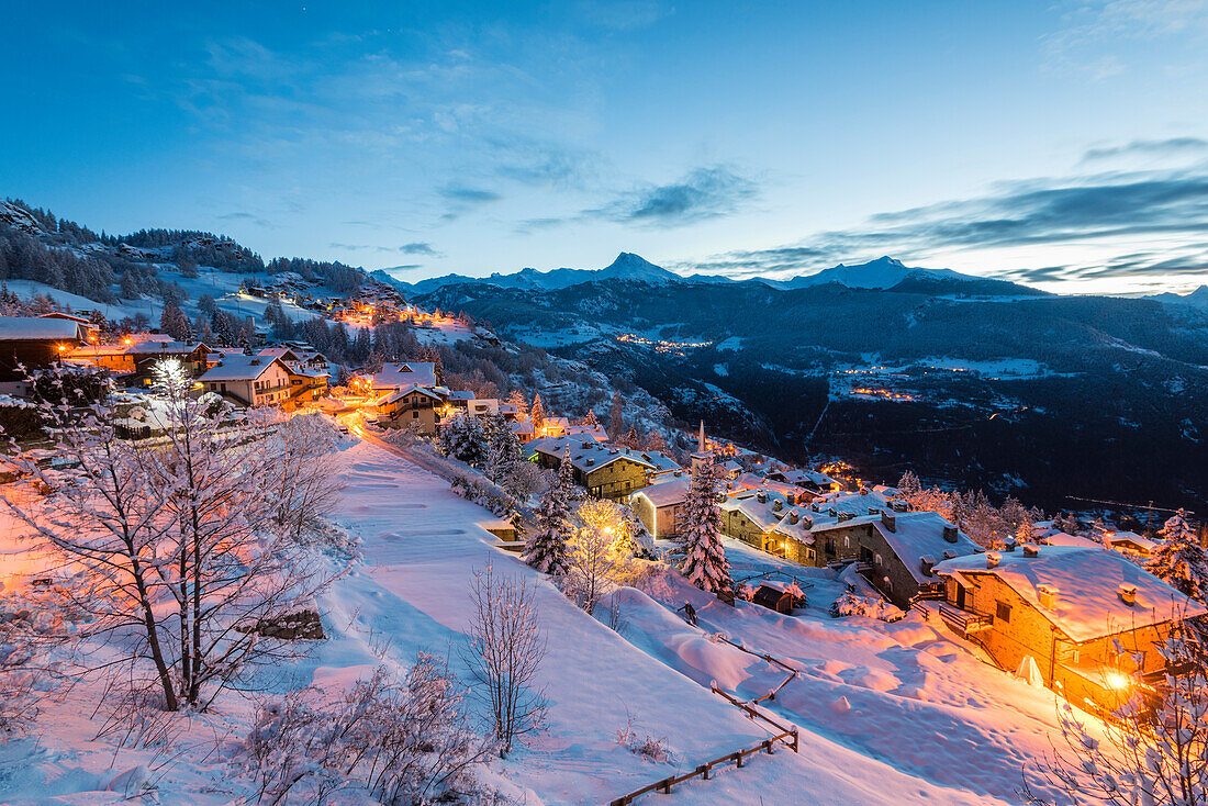 The village of Torgnon at dawn, Valtournenche, Aosta Valley, Italian alps, Italy