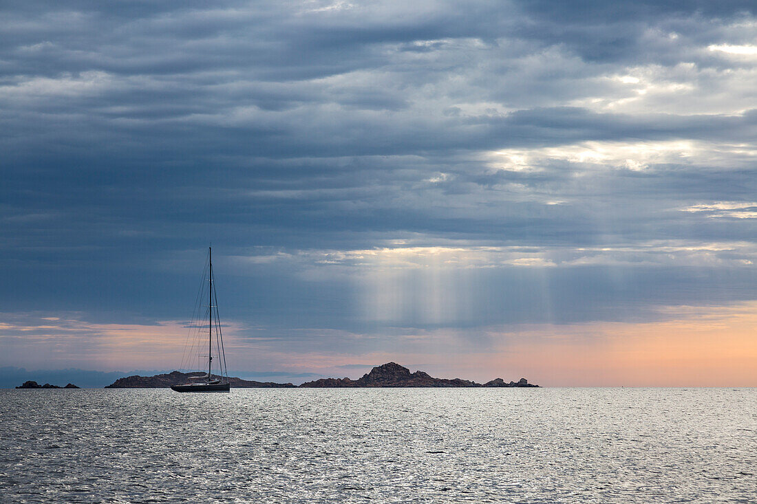 Sailing boats at sunrise (Budelli island, Archipelago of La Maddalena National Park, Sassari province, Sardinia, Italy, Europe)