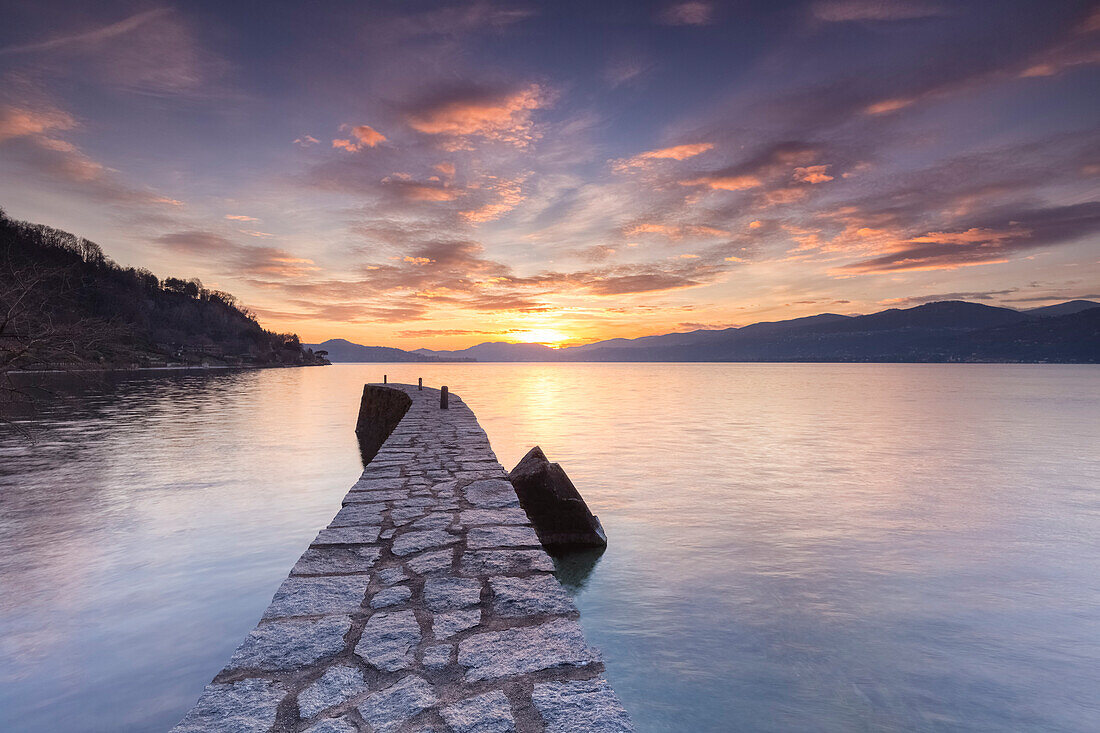 Sunset at the old pier, Lake Maggiore, Ispra, Varese Province, Lombardy, Italy