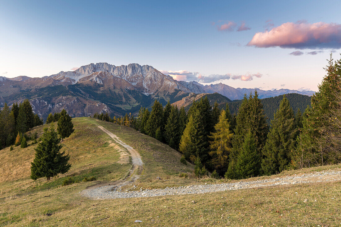 View of the Presolana during an autumnal sunset from Monte Pora, Val Seriana, Bergamo district, Lombardy, Italy