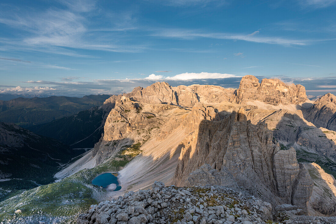 Sesto / Sexten, province of Bolzano, Dolomites, South Tyrol, Italy. Alpenglow at the summit of Mount Paterno