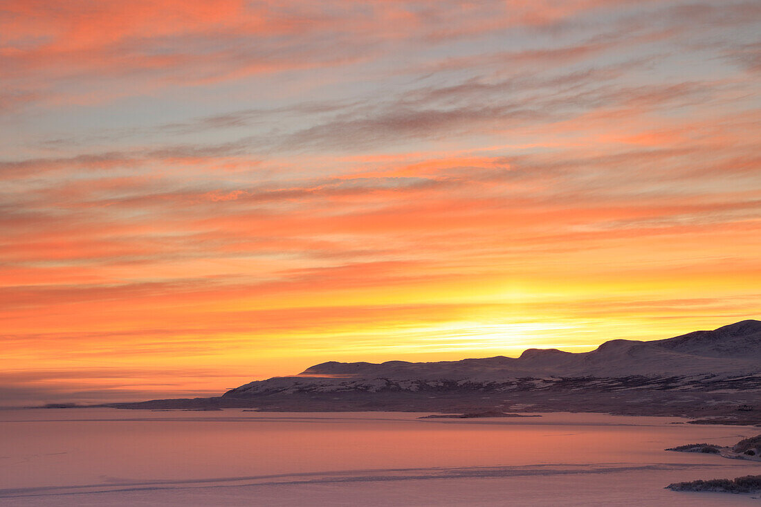 Sunrise on the snowy landscape, Bjorkliden, Abisko, Kiruna Municipality, Norrbotten County, Lapland, Sweden