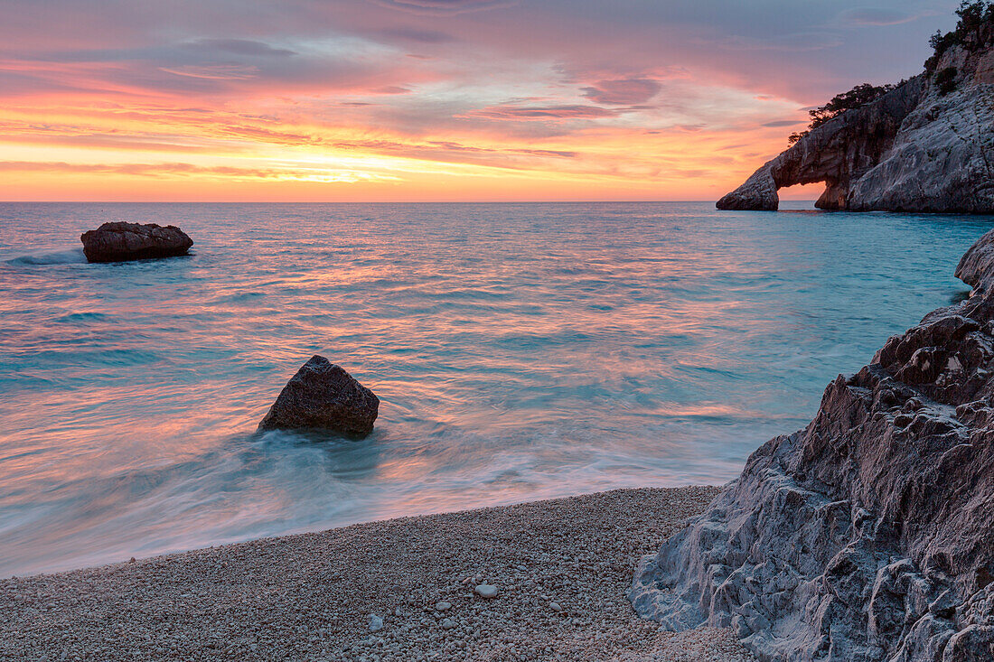 Italy, Sardinia island, Sunrise at Goloritze beach, italian natural monument, Baunei, province of Nuoro