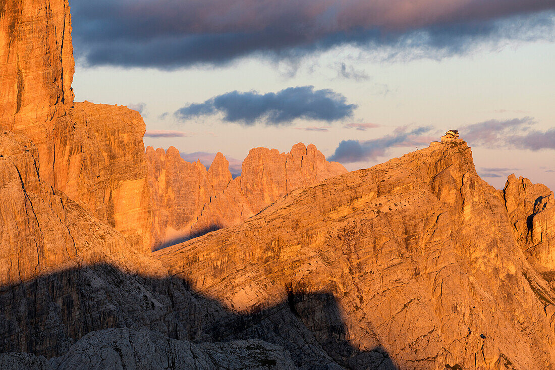 Rifugio Nuvolau at sunset with Averau on its left, Veneto, Italy