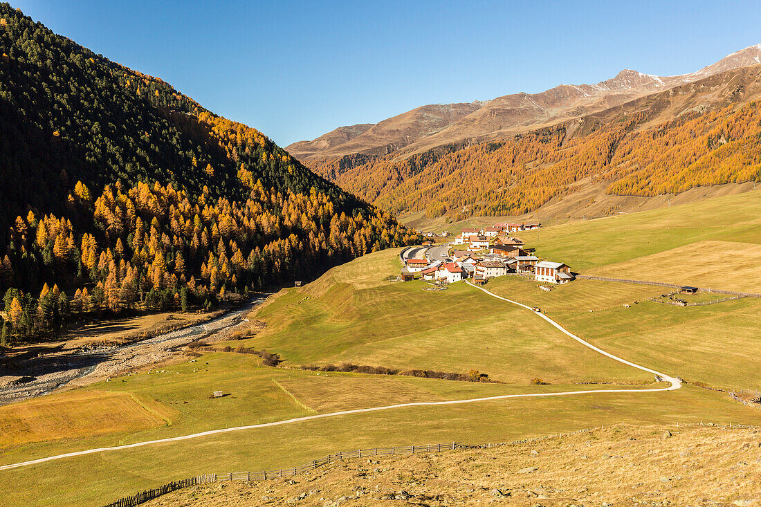 The alpine village of Melago during autumn, Vallelunga, Venosta Valley, province of Bolzano, South Tyrol, Italy