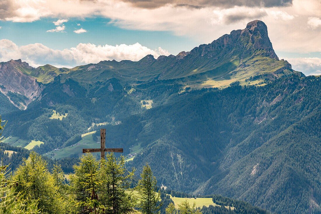 View from the 'Rît' peak. La Valle, Badia valley, South Tyrol, Italy, Europe