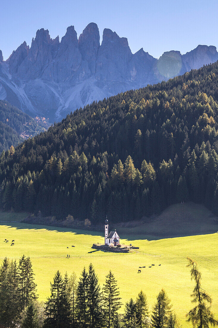 Funes Valley with San Giovanni ranui Church. Puez Odle Natural Park, South Tyrol, Italy