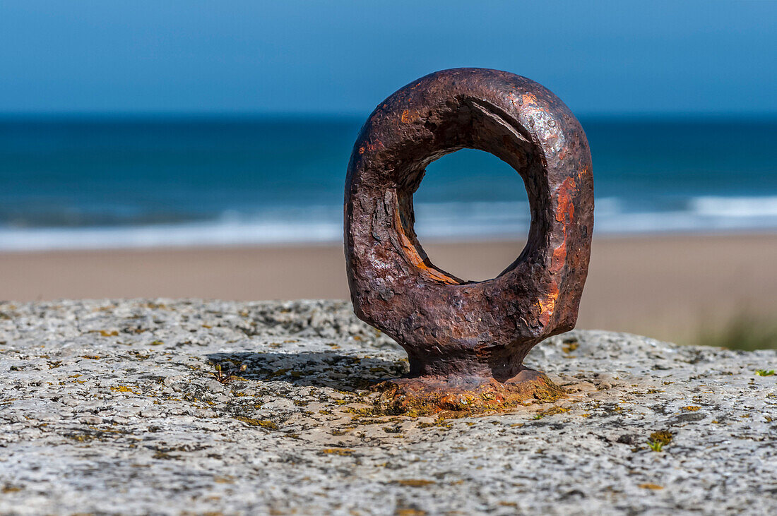 Rusty ring on a rock along the coast with a beach in the background; South Shields, Tyne and Wear, England