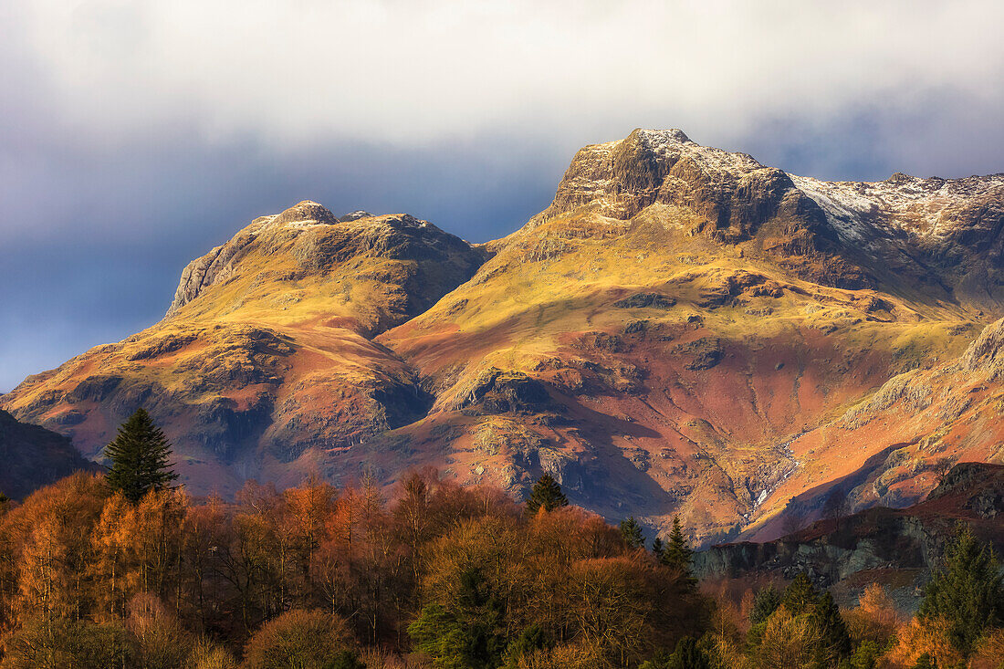 Langdale Pikes, rugged mountains with autumn coloured trees in the valley; Langdale, Cumbria, England