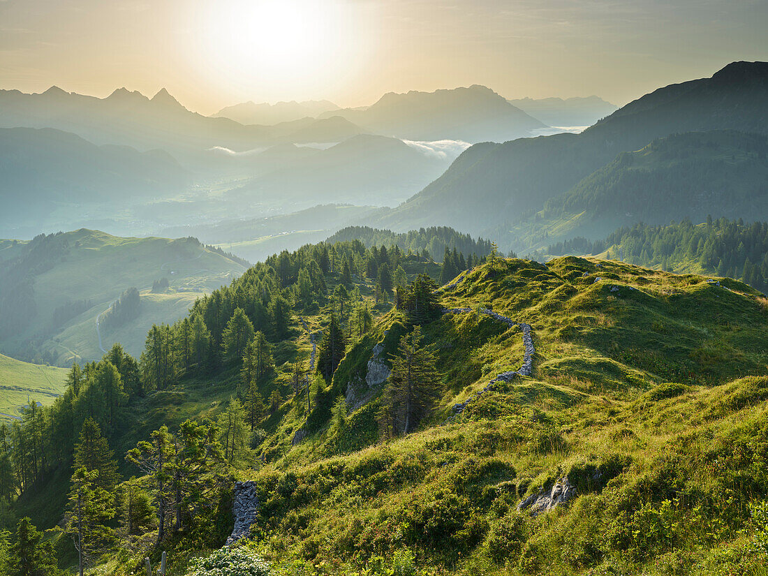 View from the Kitzbüheler Horn in the direction of Fieberbrunn, Leoganger stone mountains, Tyrol, Austria