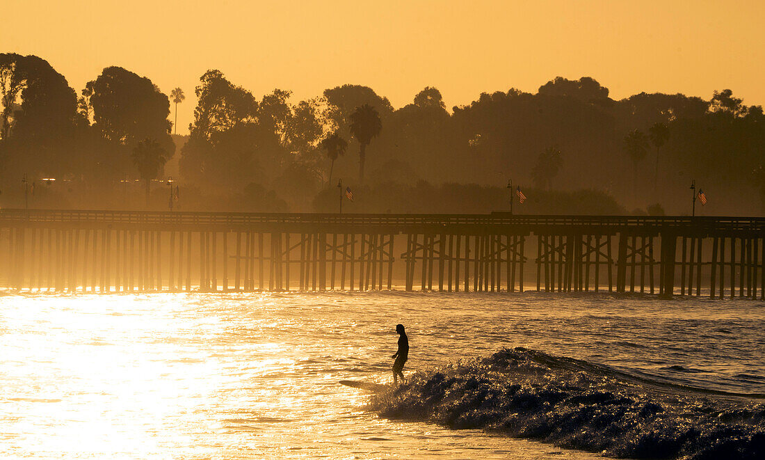 Woman surfer on a wave, Ventura, C Street surf, California, USA