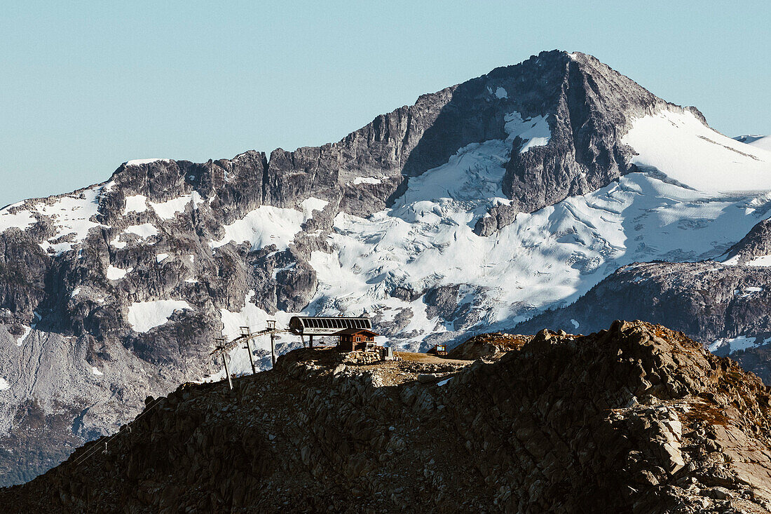 Whistler Blackcomb Ski Resort against snowy mountain peak, Whistler, British Columbia, Canada