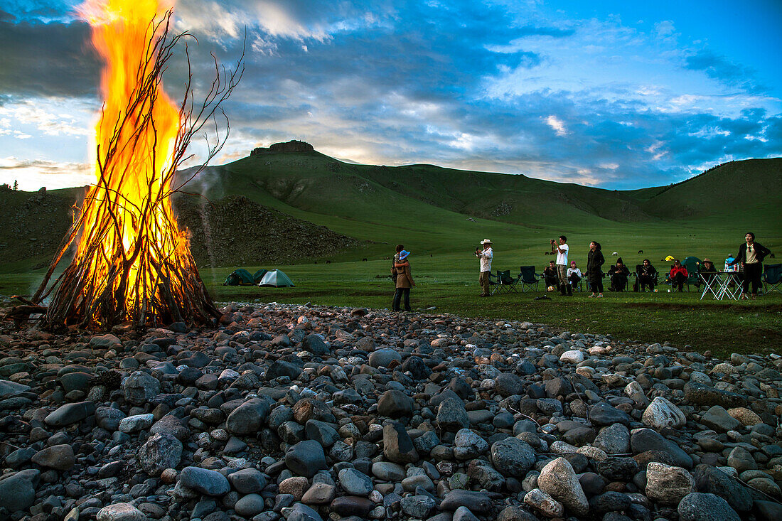 Bonfire below Mandal Mountain, Bulgan, Central Mongolia, Mongolia