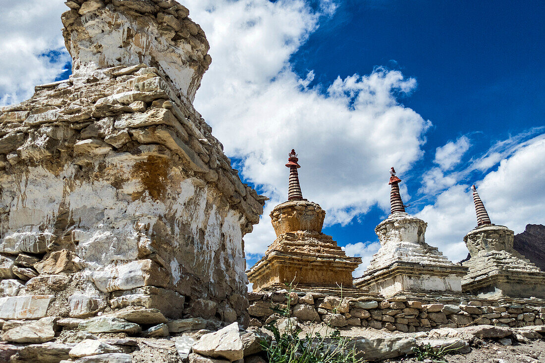 Weathered Buddhist stupas (chorten) at Neyrak village, Zenskar, Ladakh Region, Jammu and Kashmir, India