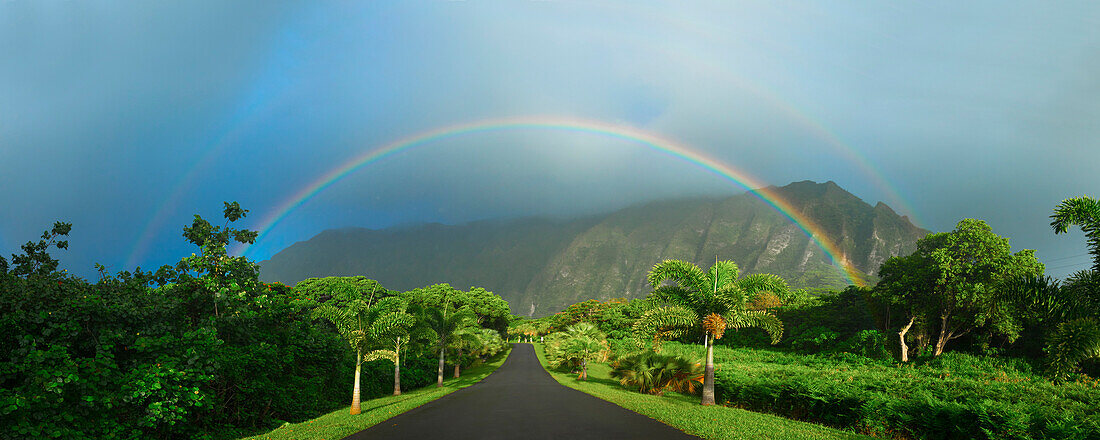 Panorama of rainbow over Hoomaluhia Botanical Garden, Kaneohe, Hawaii Islands, USA