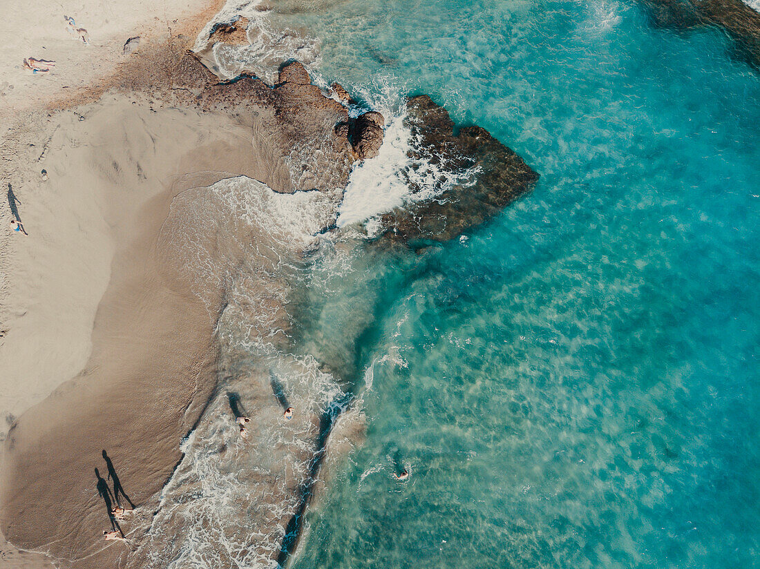 Aerial view of sandy beach with clear water and tourists, Tenerife, Canary Islands, Spain