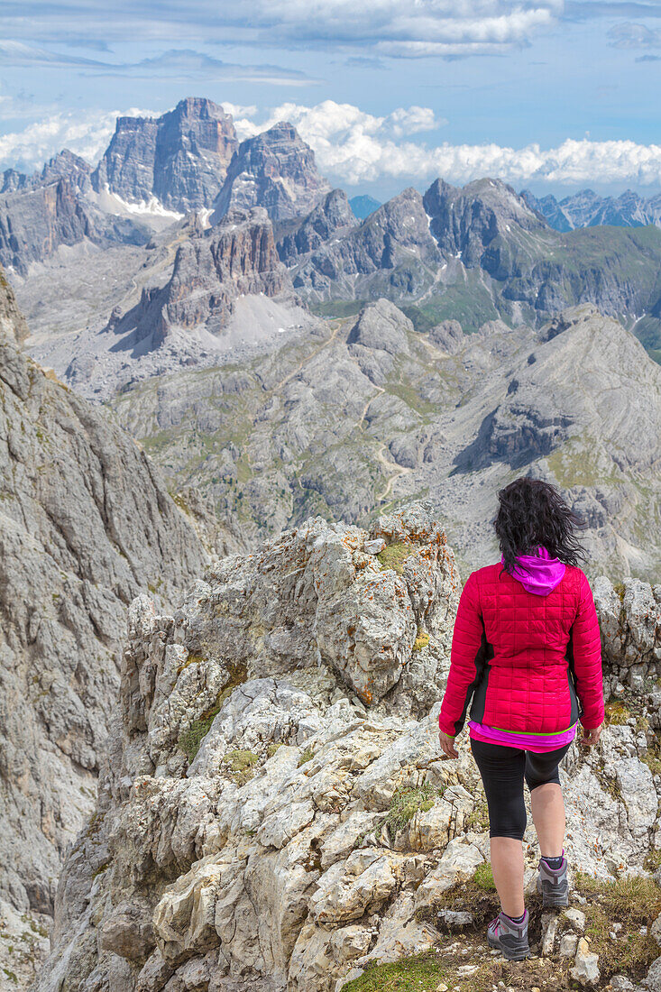 View from Rifugio Lagazuoi, Falzarego Pass, Cortina d'Ampezzo, Dolomiti, Dolomites, Belluno Province, Veneto District, Italy