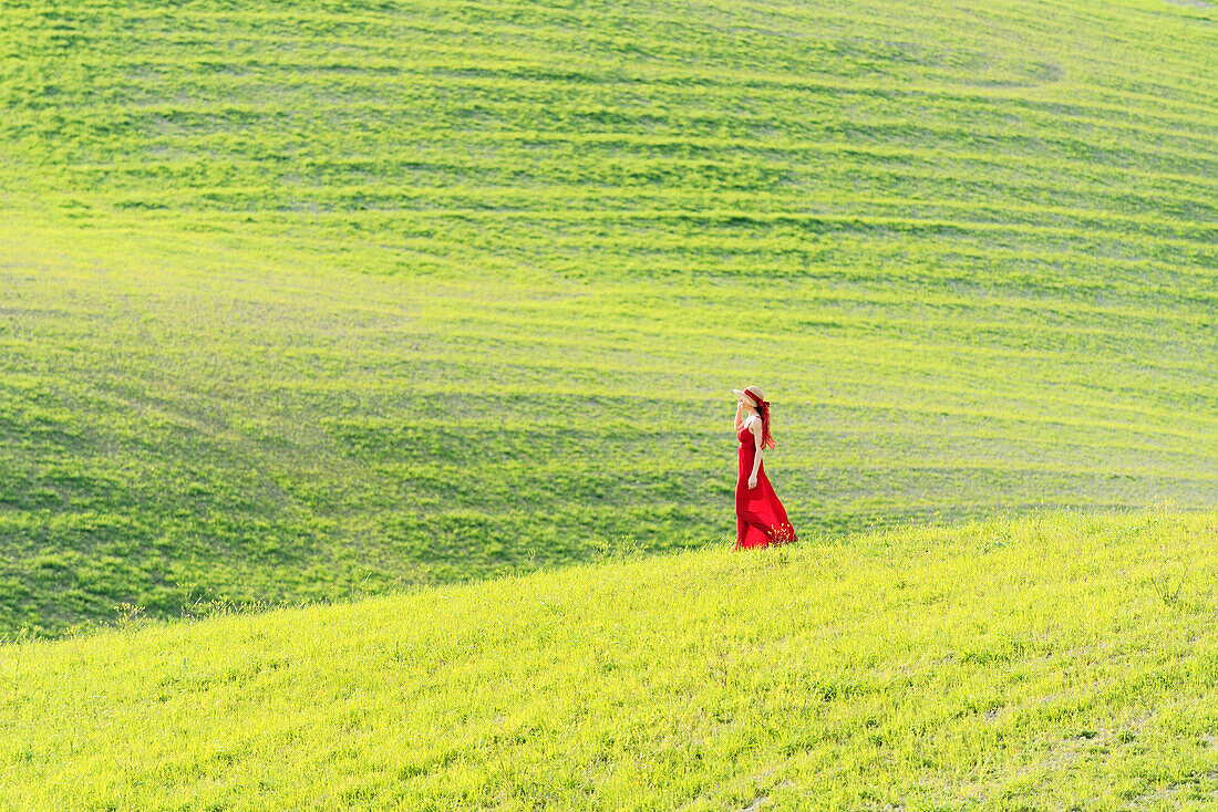 San Quirico d'Orcia, Orcia valley, Siena, Tuscany, Italy. A young woman in red dress is walking in a wheat field