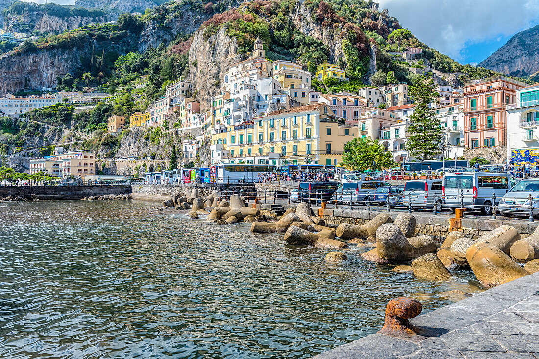 Amalfi, Amalfi coast, Salerno, Campania, Italy. View of Amalfi by the pier
