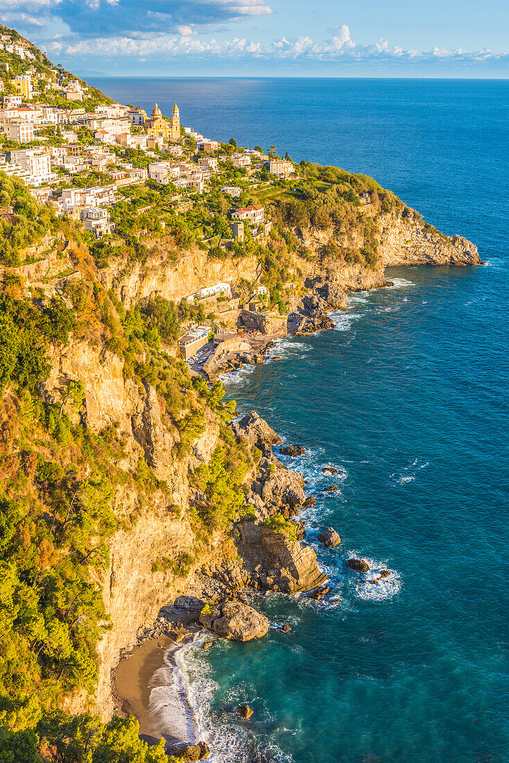 Praiano, Amalfi coast, Salerno, Campania, Italy. View of Praiano village and coastline at sunset