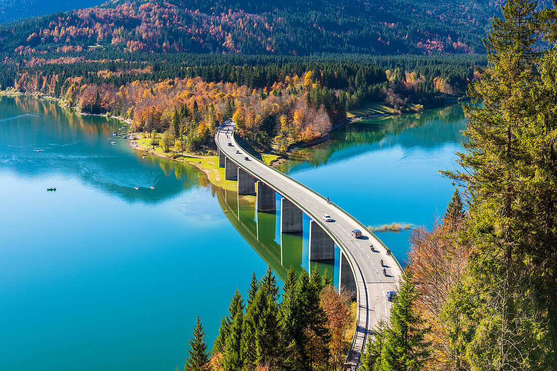 Bad Tölz, Bavaria, Germany, Europe, Sylvenstein bridge in autumn season