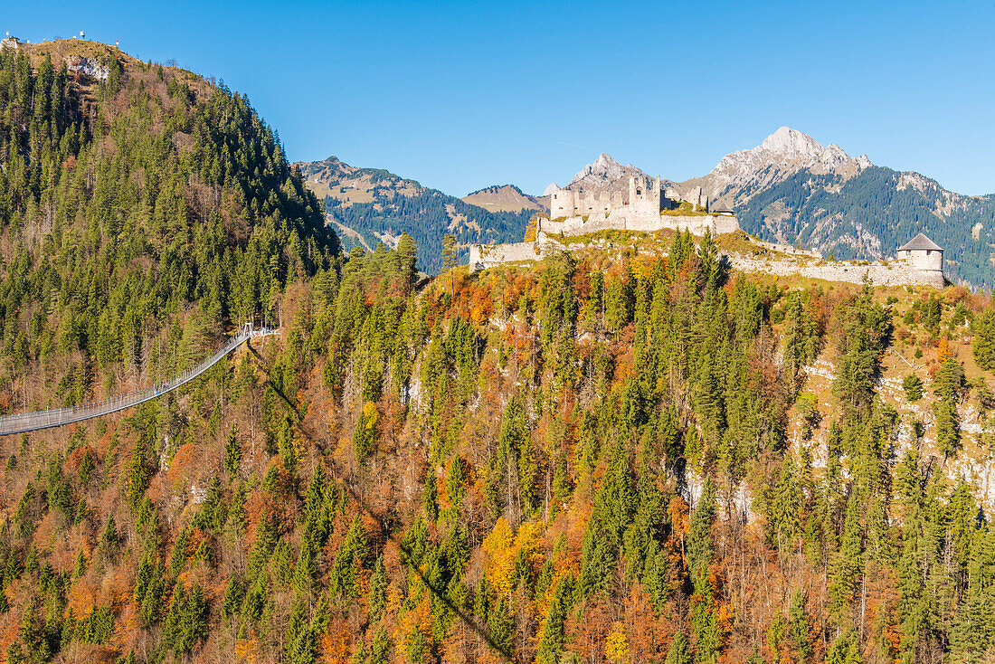 Reutte, Tyrol, Austria, Europe. Ehrenberg Castle and the Highline 179, the world’s longest pedestrian suspension bridge.