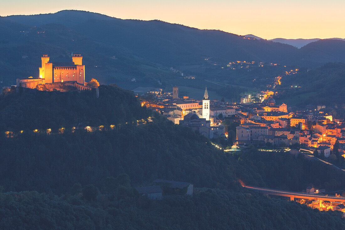 Europe,Italy,Umbria,Perugia district, Spoleto, Rocca Albornoziana fortress at dusk