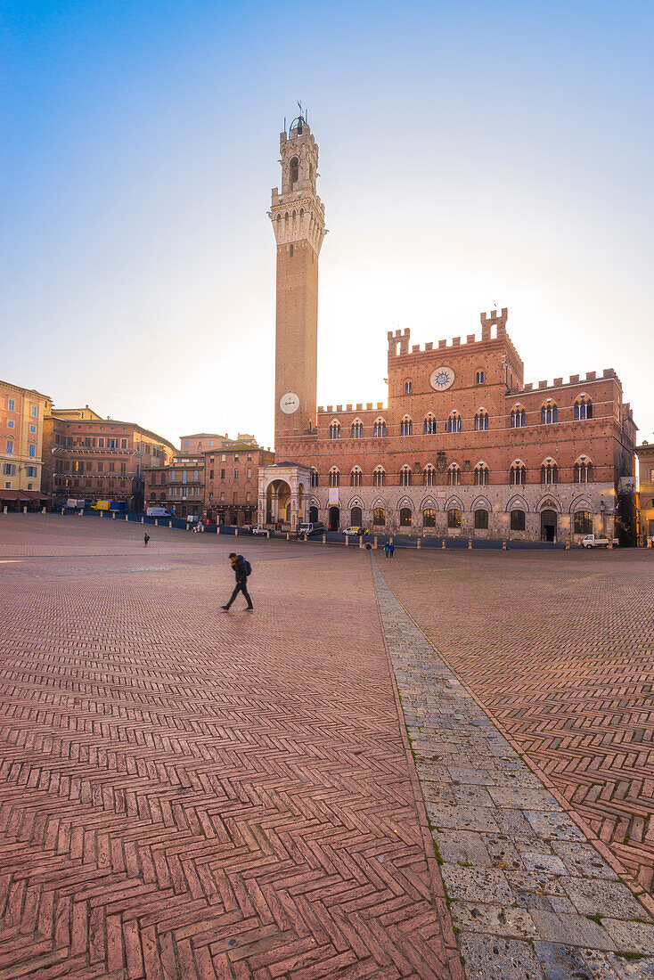 Siena, Tuscany, Italy, Europe, View of Piazza del Campo with the historical Palazzo Pubblico and its Torre del Mangia