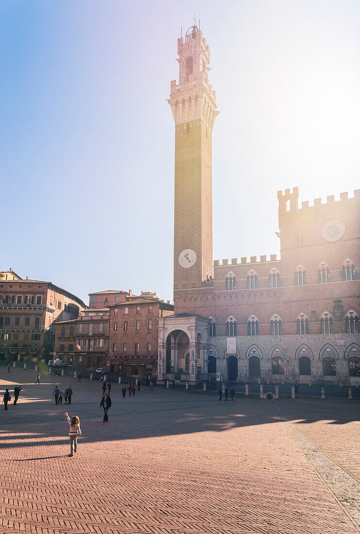 Siena, Tuscany, Italy, Europe, View of Piazza del Campo with the historical Palazzo Pubblico and its Torre del Mangia