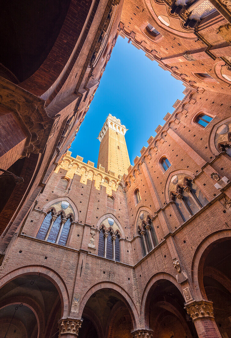 Siena, Tuscany, Italy, Europe, Classic bottom view of Palazzo Pubblico with Del Mangia's Tower at dawn