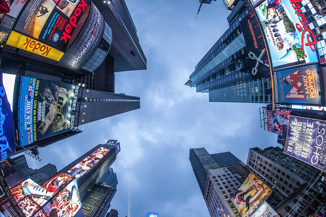 Times Square at twilight on a rainy day in New York