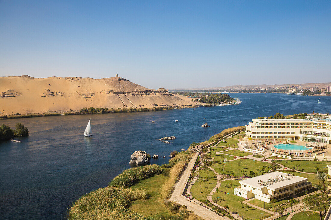 Elephantine Island, view of Movenpick Resort and River Nile, Aswan, Upper Egypt, North Africa, Africa