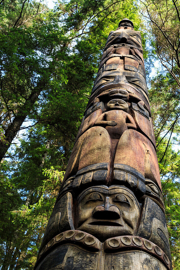 Mosquito Legend Pole, Tlingit totem pole, rainforest, summer, Sitka National Historic Park, Sitka, Baranof Island, Alaska, United States of America, North America