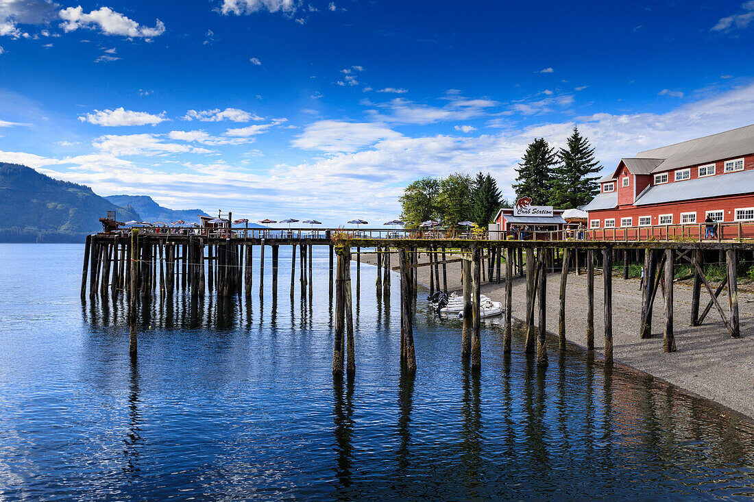 Restored salmon cannery museum, dock and boats, Icy Strait Point, Hoonah, Summer, Chichagof Island, Inside Passage, Alaska, United States of America, North America