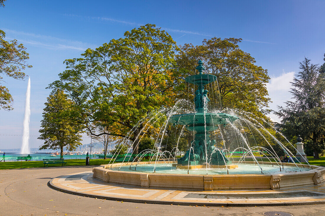 Fontaine des Quatre Saisons, (Fountain of the Four Seasons), Jardin Anglais, urban park, Geneva, Switzerland, Europe
