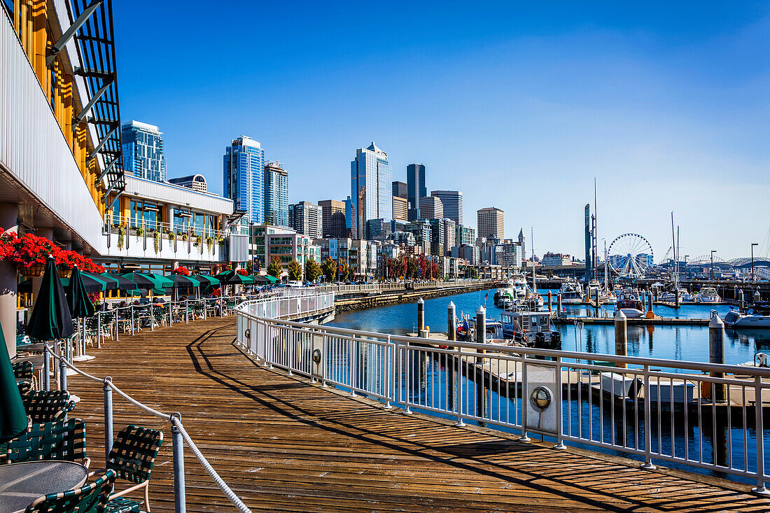 Seattle skyline on sunny day from Bell Harbor Marina, Seattle, Washington State, United States of America, North America