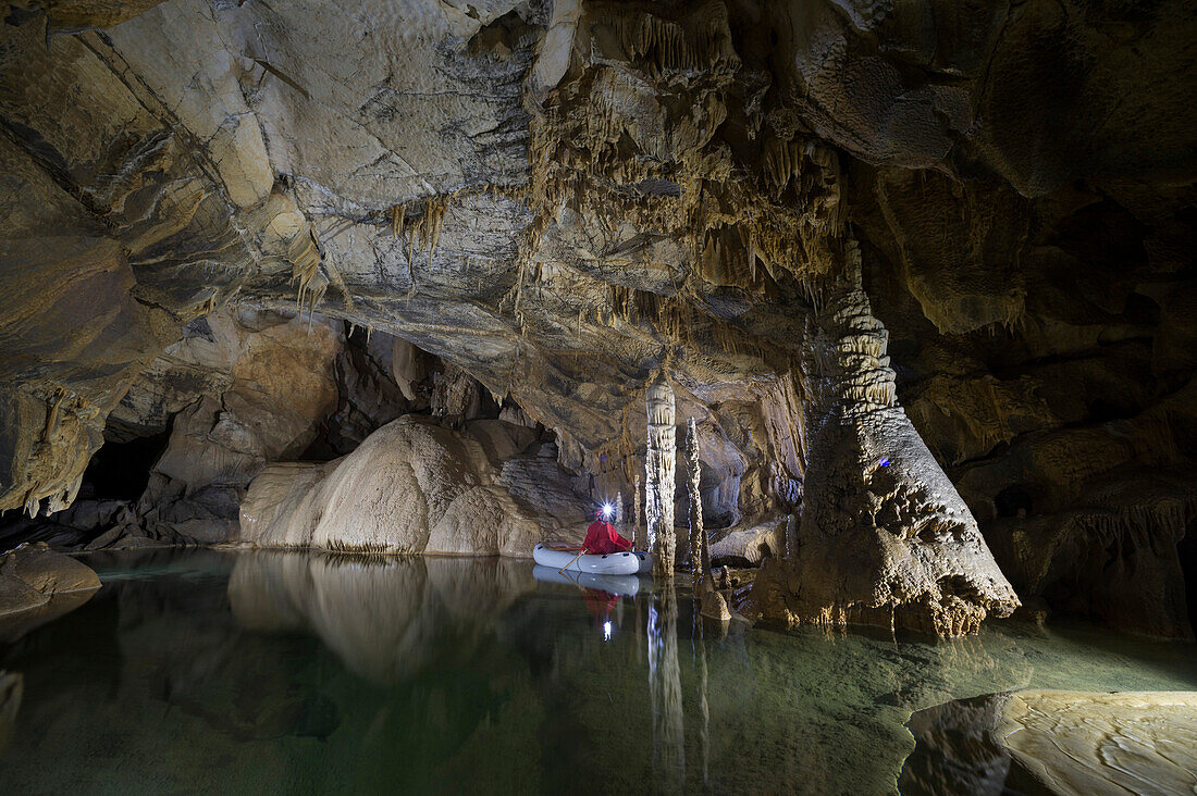 Underground lake in the Krizna Jama karst cave, Slovenia, Europe