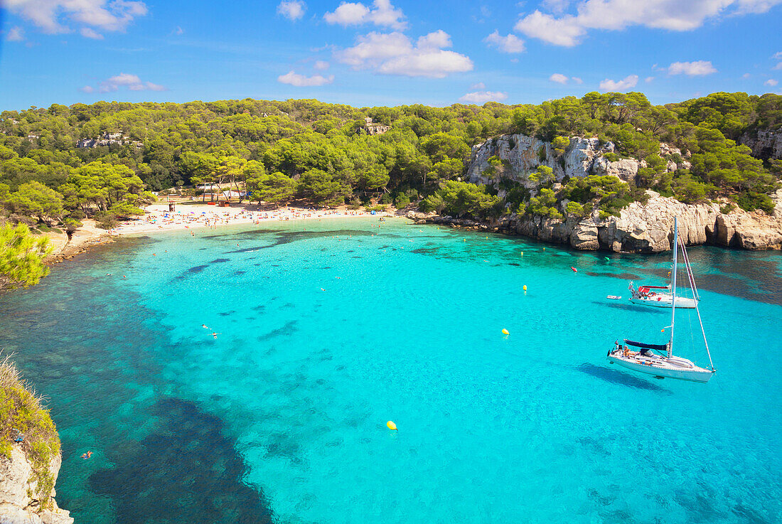 View of Cala Macarella and sailboats, Menorca, Balearic Islands, Spain, Mediterranean, Europe