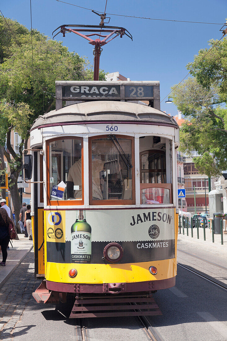 Tram 28, Alfama district, Lisbon, Portugal, Europe