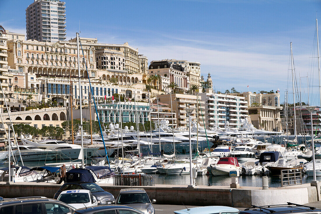 View of the Harbor of Monaco Ville (Porte Hercule) with its luxury ships, Monaco, French Riviera, Mediterranean, Europe