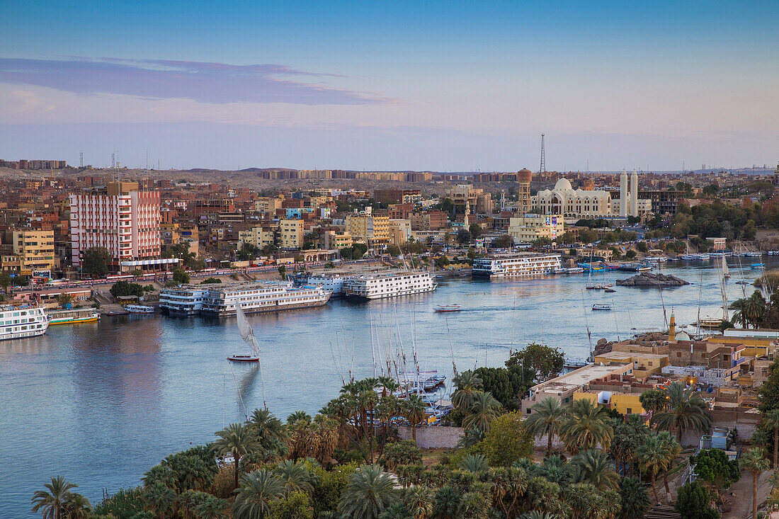 View of Aswan looking over Elephantine Island towards The Cataract Hotel, Aswan, Upper Egypt, Egypt, North Africa, Africa