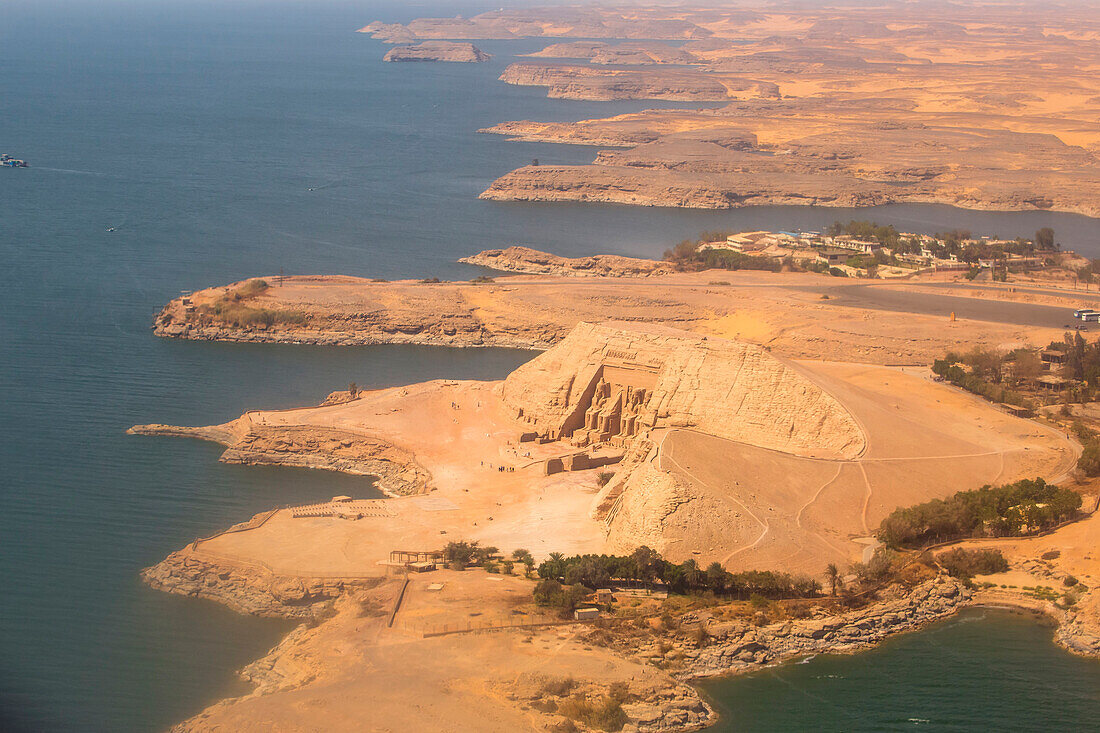 Aerial view of Abu Simbel, UNESCO World Heritage Site, and Lake Nasser, Egypt, North Africa, Africa