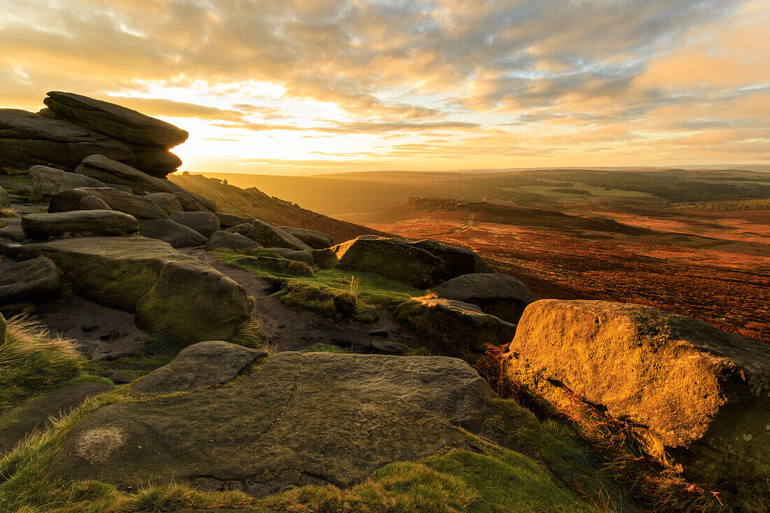 Carl Wark Hill Fort and Hathersage Moor from Higger Tor, sunrise in autumn, Peak District National Park, Derbyshire, England, United Kingdom, Europe