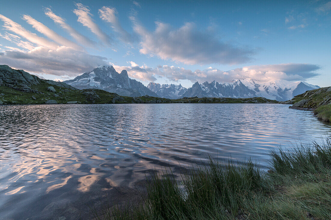 Sunrise on Mont Blanc massif seen from Lacs De Cheserys, Chamonix, Haute Savoie, French Alps, France, Europe