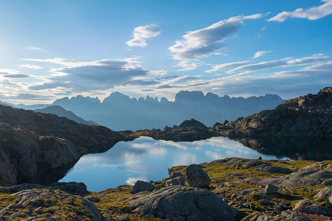 Lake Nero and Brenta mountain range at sunrise, Rendena Valley, Trentino, Italy, Europe